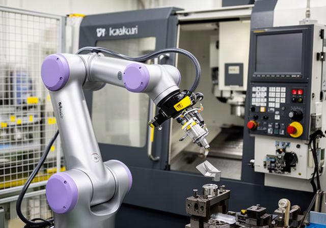 古いNC工作機械に後付けされた協働ロボットが部品を自動搬送