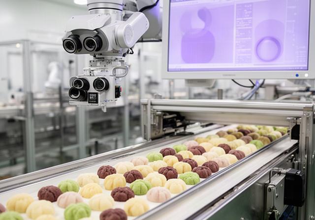 食品工場で和菓子の形状をAI画像認識で検査するロボットライン